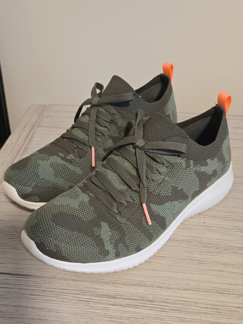 Skechers Olive Green Camo Knit Slip-On Sneakers with Orange Accents